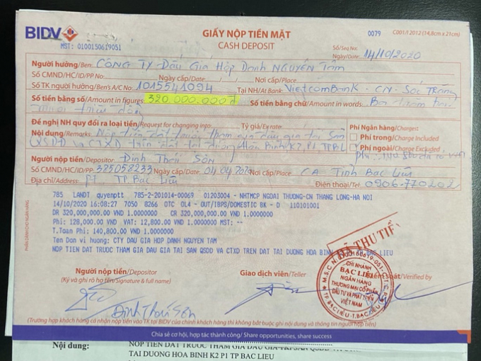 Phiếu chuyển tiền của ông Sơn và ông Trí cho Công ty Nguyên Tâm