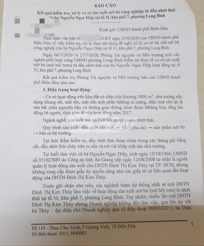 Nội dung báo cáo kết quả kiểm tra xử lý cơ sở sản xuất mỡ bò của bà Nguyễn Ngọc Diệp tại Tổ 31, KP7, phường Long Bình, Tp. Biên Hòa. Bà Diệp tự nhận là người quản lý hoạt động sản xuất cho DNTN Đinh Thị Kim Thúy.