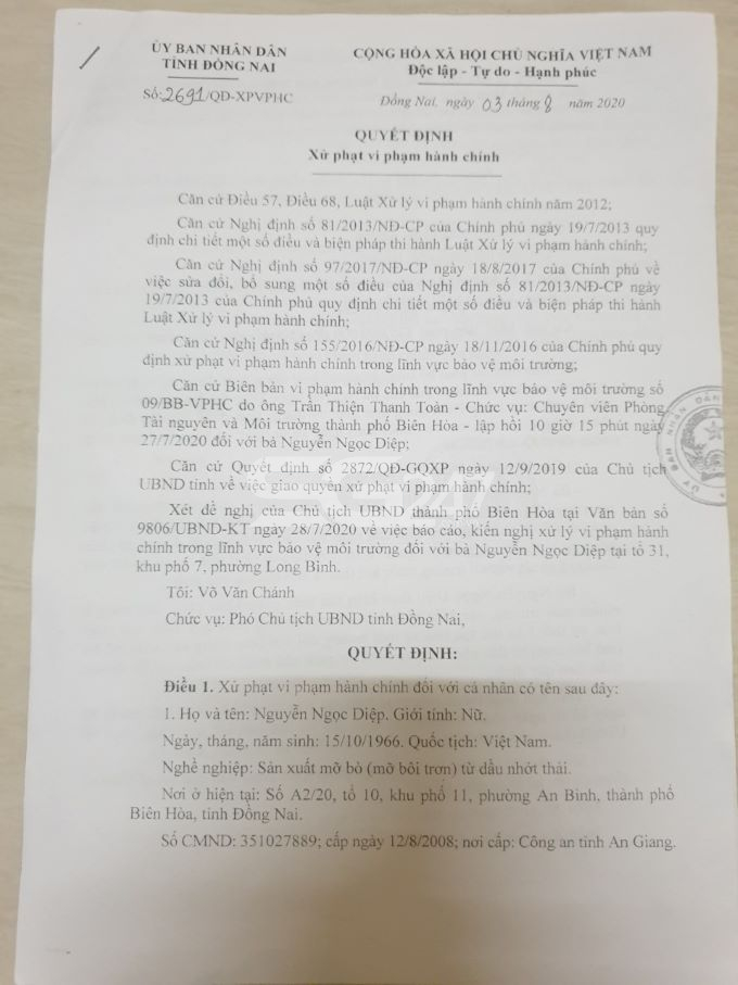 Quyết định xử phạt vi phạm hành chính ngày 03/8/2020 về hành vi vi phạm của bà Nguyễn Ngọc Diệp (trang 1).