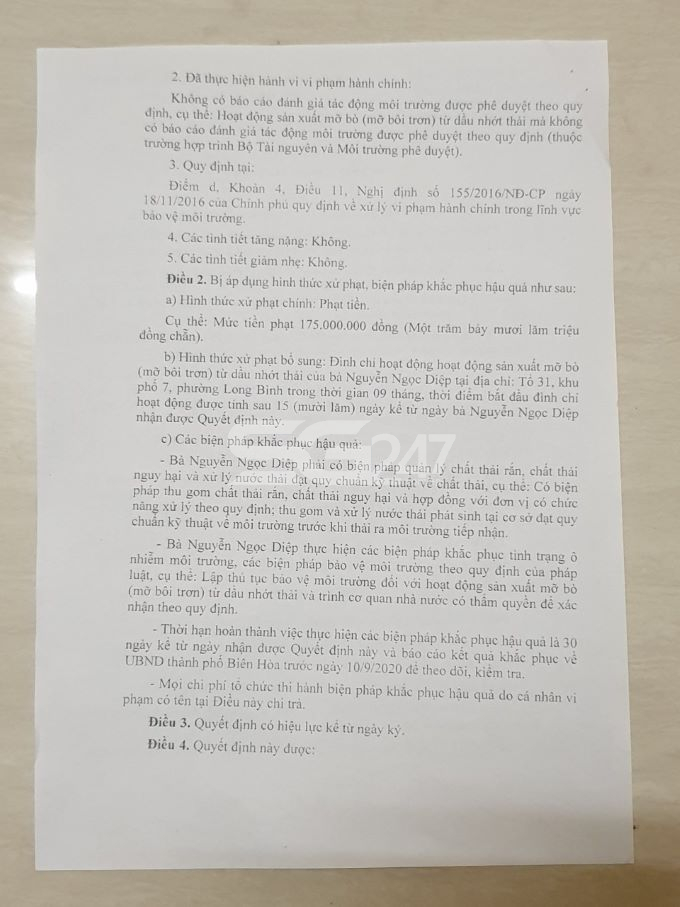Quyết định xử phạt vi phạm hành chính ngày 03/8/2020 về hành vi vi phạm của bà Nguyễn Ngọc Diệp (trang 2).