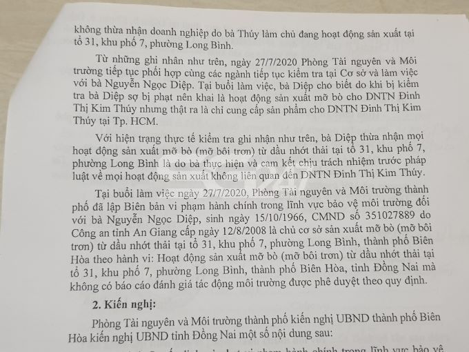 Bà Diệp cải chính: do bị kiểm tra bà Diệp sợ bị phạt nên khai là hoạt động sản xuất trên của DNTN Đinh Thị Kim Thúy nhưng thực tế bà Diệp là chủ cơ sở sản xuất này sau đó cung cấp cho DNTN Đinh Thị Kim Thúy.