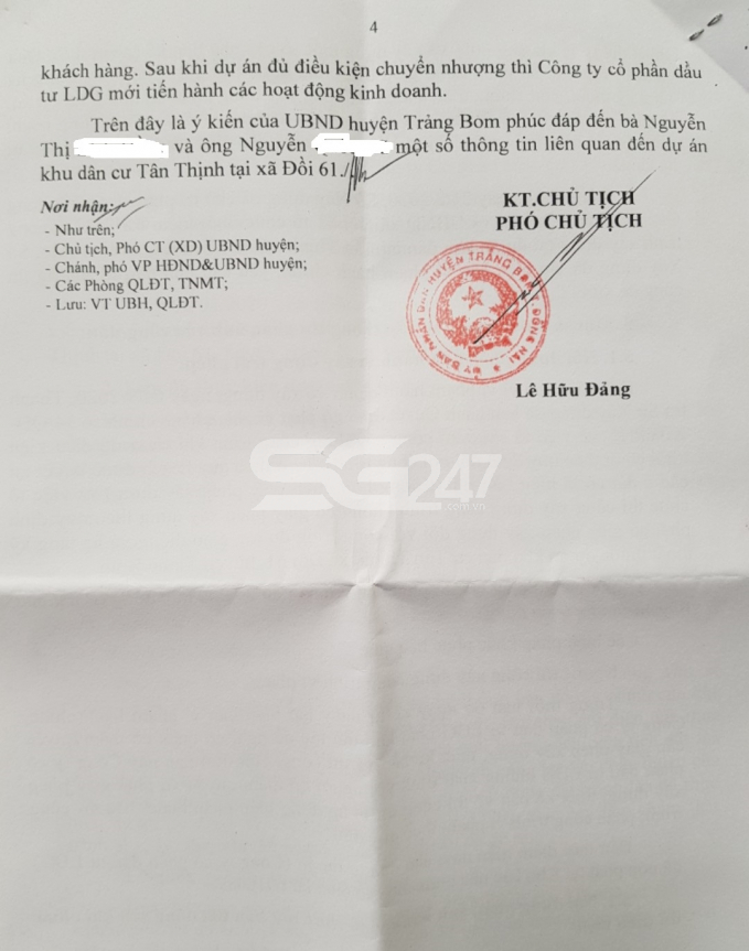 Công văn trả lời của UBND huyện Trảng Bom về dự án Viva Park