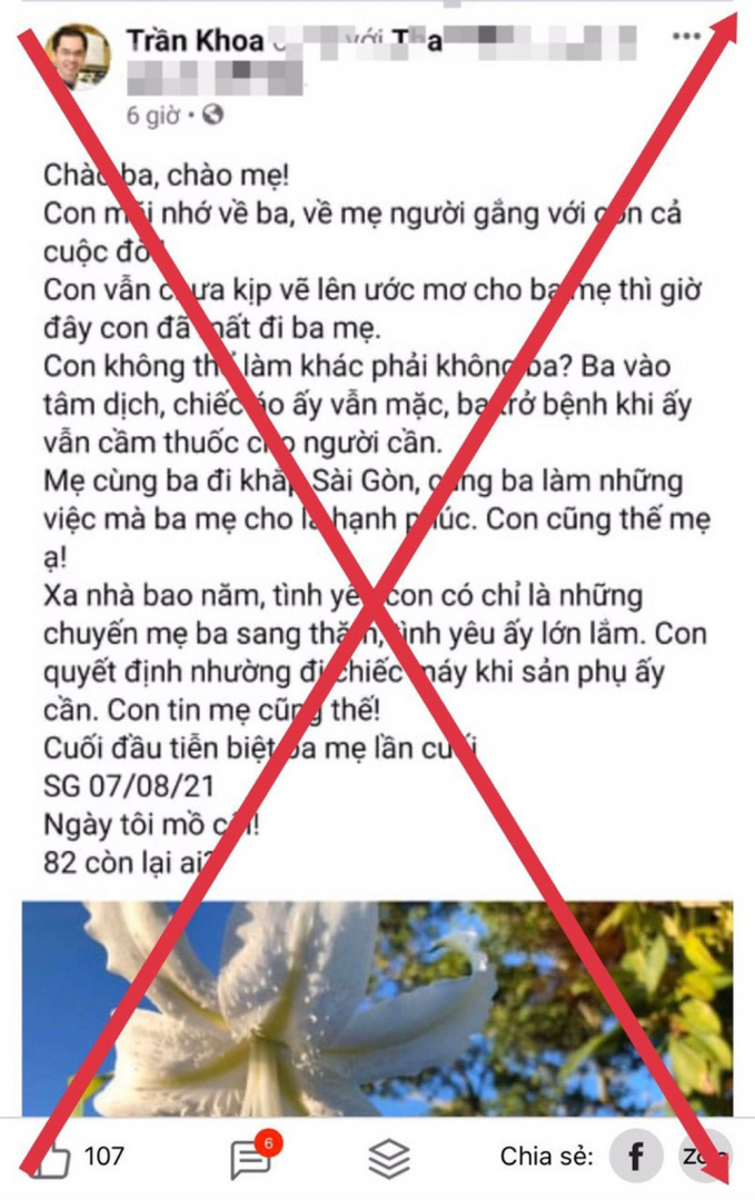 Thông tin đăng tải sai sự thật trên Facebook tên Trần Khoa