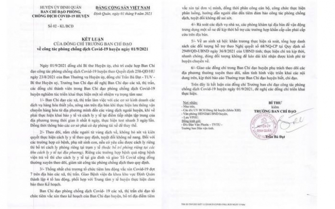 Văn bản thông báo kết luận cuộc họp của Ban Chỉ đạo phòng, chống dịch huyện Định Quán (Đồng Nai).