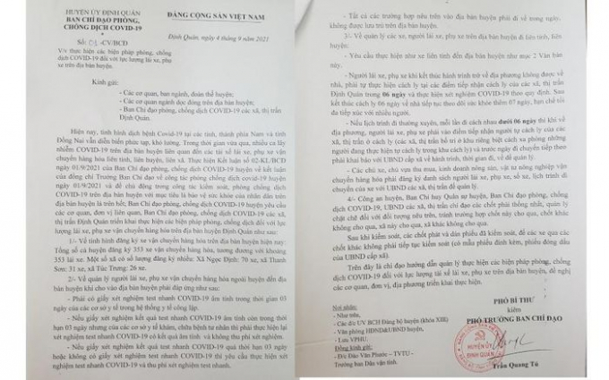 Công văn thực hiện các biện pháp phòng, chống dịch Covid-19 đối với lái xe, phụ xe của Ban Chỉ đạo phòng, chống dịch Covid-19 huyện Định Quán (Đồng Nai).