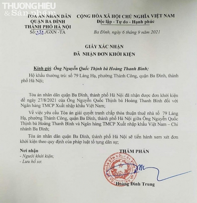 Giấy xác nhận của Tòa án nhân dân quận Ba Đình đã nhận đơn khởi kiện của bà Hoàng Thị Thanh Bình
