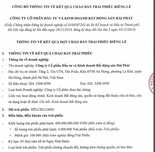 Thông tin Hải Phát Land huy động 400 tỷ đồng qua kênh trái phiếu doanh nghiệp