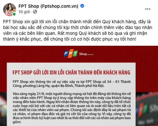 FPT Shop đưa ra phản hồi trên fanpage chính thức, thừa nhận sự việc nhưng cho rằng đây là