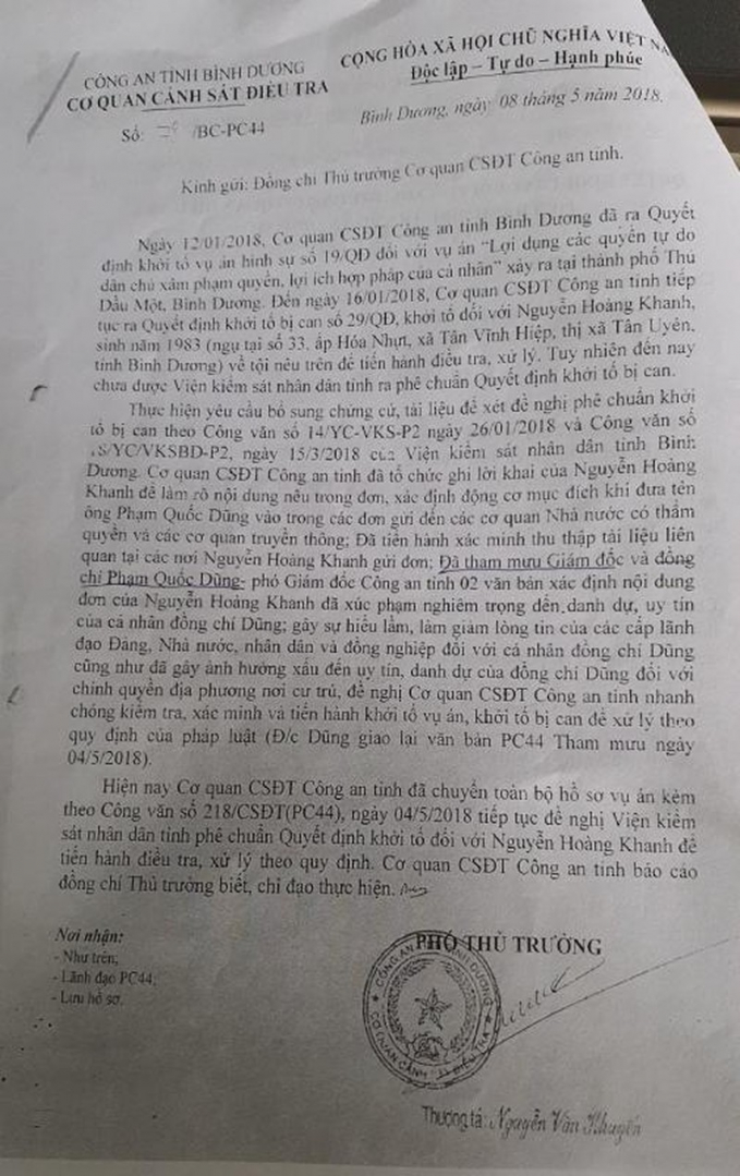 Báo cáo 78/BC-PC44 có nêu “đã báo cáo Giám đốc và đồng chí Phạm Quốc Dũng – Phó Giám đốc Công an tỉnh…
