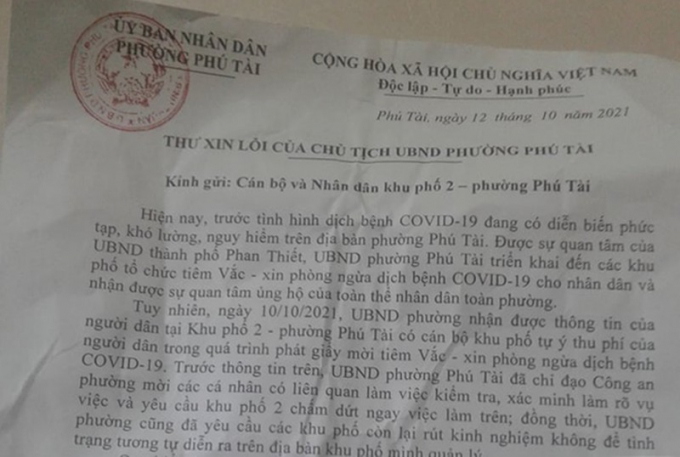Thư xin lỗi của Chủ tịch UBND phường Phú Tài.