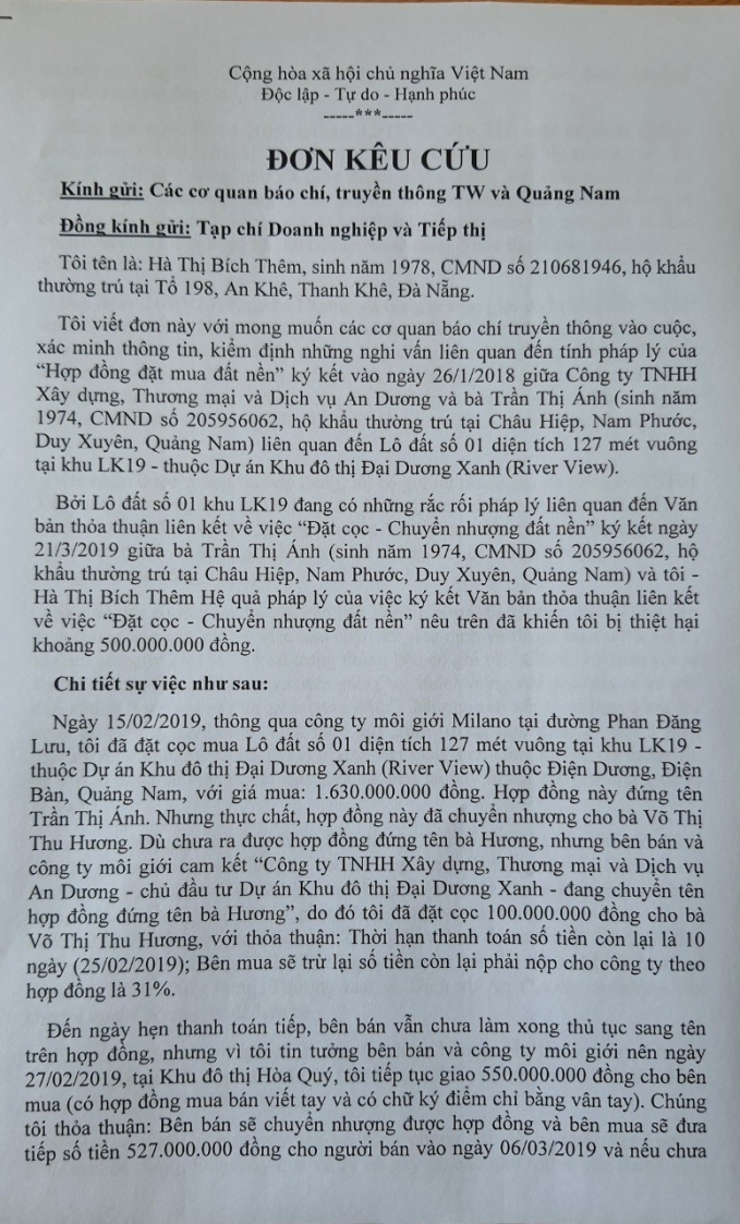 Công ty An Dương từng bị nhà đầu tư, khách hàng tố cáo liên quan đến một số dự án BĐS tại tỉnh Quảng Nam