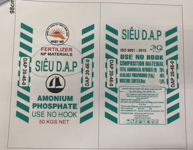 Một mẫu bao bì phân bón khác của công ty TNHH SX-TM-DV Phân bón Nhật Mỹ ghi Siêu DAP 18-46 nhưng thành phần đăng ký là NP 20-20
