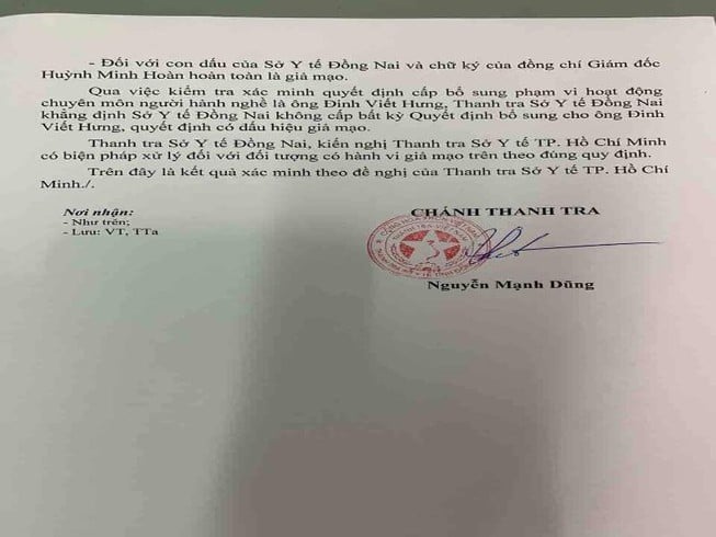 Sở Y tế Đồng Nai xác minh giấy phép hành nghề cấp cho bác sĩ Đinh Viết Hưng là giả mạo. Ảnh: HL