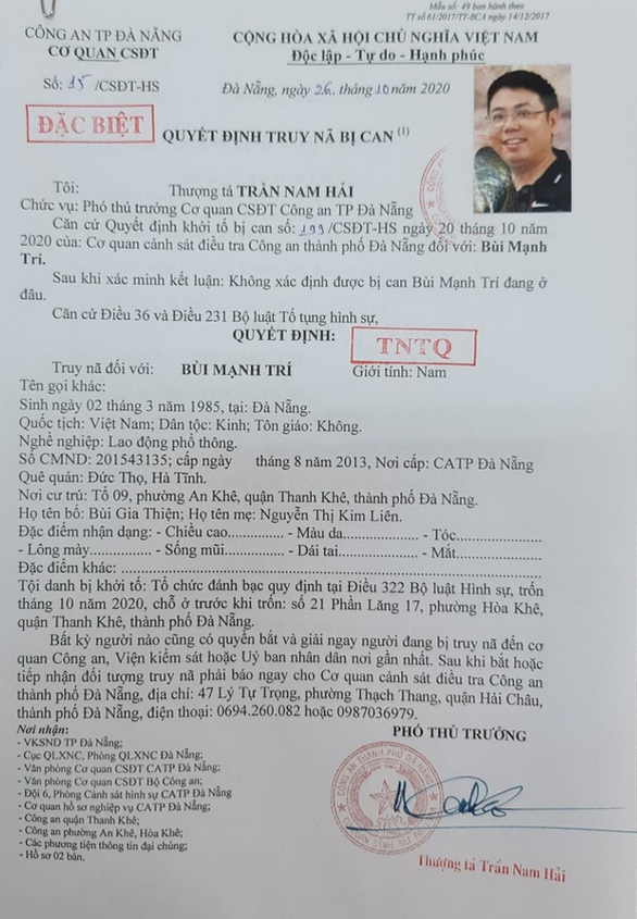 Quyết định truy nã Bùi Mạnh Trí - Ảnh: Đ.C.
