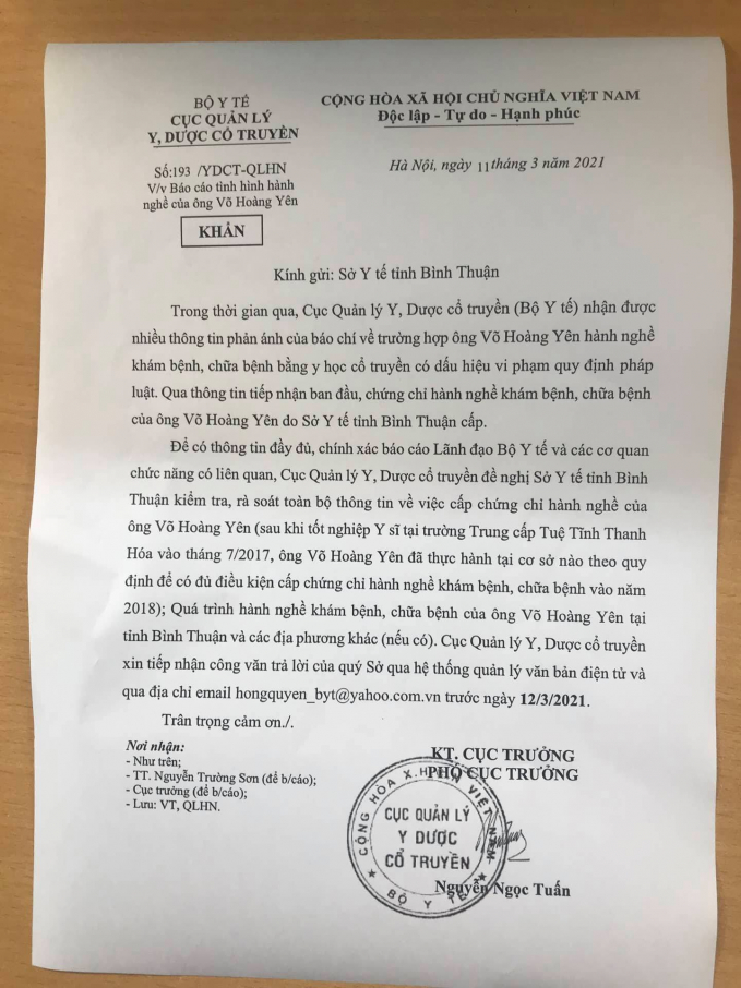Công văn của Cục Y dược cổ truyền gửi Sở Y tế tỉnh Bình Thuận đề nghị báo cáo tình hình hành nghề của ông Võ Hoàng Yên sau thông tin về quá trình hành nghề của ông này có dấu hiệu vi phạm quy định pháp luật