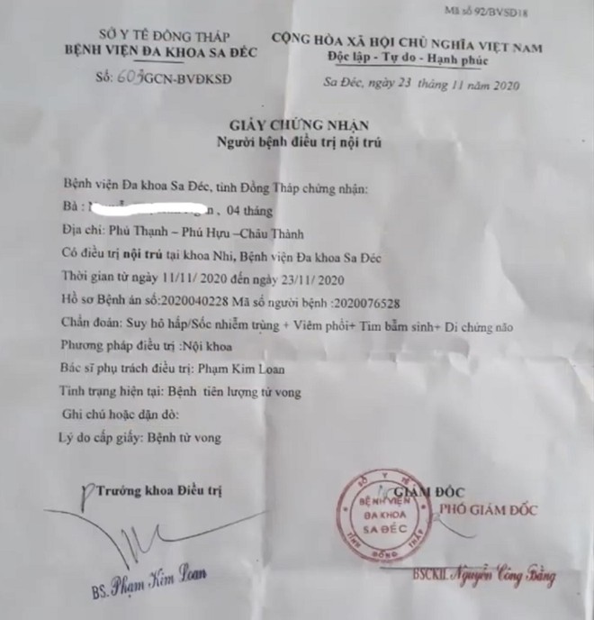Giấy xác nhận tình trạng bệnh của bé K.của Bệnh viện Đa khoa TP.Sa Đéc, tỉnh Đồng Tháp (ẢNH:CÔNG AN CUNG CẤP)