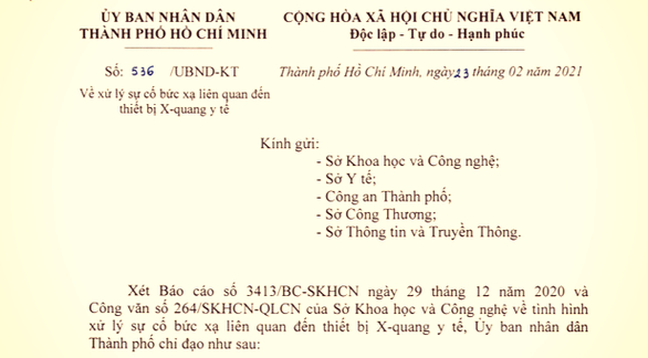 Văn bản chỉ đạo của UBND TP.HCM về xử lý sự cố bức xạ liên quan đến thiết bị X-quang - Ảnh: Chụp màn hình