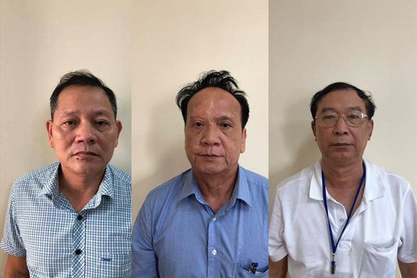 Ba bị can (từ trái qua): Nguyễn Thái Thanh, phó phòng; Lê Văn Trang - Nguyên Cục trưởng, Võ Thanh Bình - nguyên Cục phó Cục thuế tỉnh Bình Dương - Ảnh: BCA
