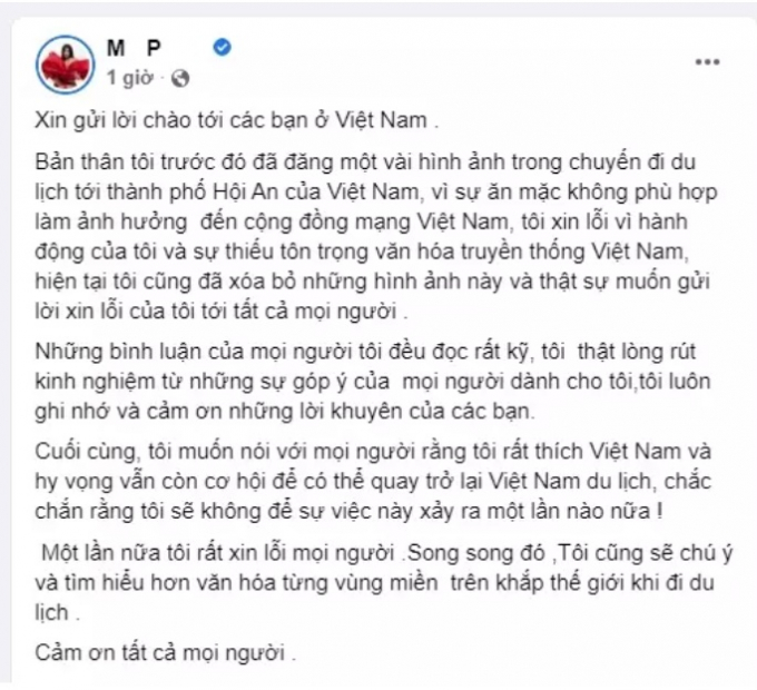 Dòng trạng thái xin lỗi của nữ siêu mẫu đến từ Malaysia (Ảnh: Facebook siêu mẫu M.P)