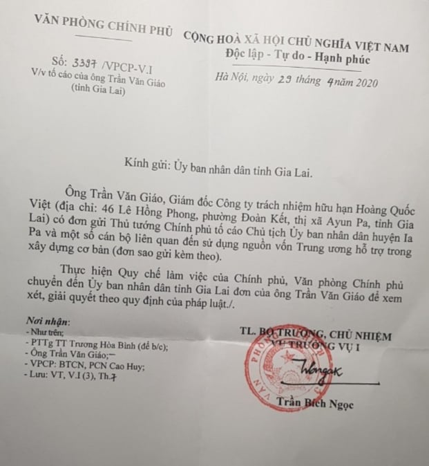 Văn phòng Chính phủ cũng có văn bản gửi UBND tỉnh Gia Lai giải quyết dứt điểm đơn thư của công dân