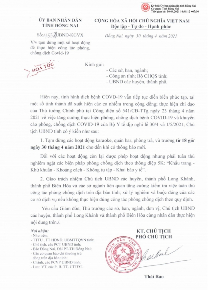 Văn bản số 4558/UBND-KGVX ngày 30/4/2021 của UBND tỉnh Đồng Nai về phòng chống dịch Covid-19