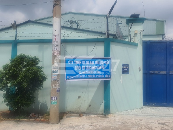 Hình ảnh thực tế nhà xưởng của công ty TNHH Kỹ Thuật in Đại Thuận Phát trên đất trồng cây lâu năm kết hợp đất ở đô thị tại các thửa 105 do bà Nguyễn Thị Bích Hạnh là chủ sử dụng và thửa 37 do ông Vùi văn Thọ, bà Nguyễn Thị Thu là chủ sử dụng thuộc tờ bản đồ số 9, phường Phước Tân.