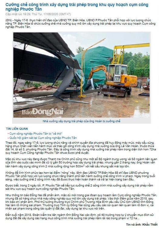 Hình ảnh bài viết: “Cưỡng chế công trình xây dựng trái phép trong khu quy hoạch cụm công nghiệp Phước Tân” trên Báo Đồng Nai