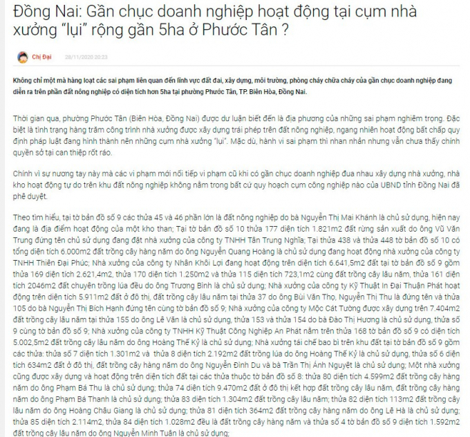 Một phần hình ảnh bài viết: “Gần chục doanh nghiệp hoạt động tại cụm nhà xưởng “lụi” rộng gần 5ha ở Phước Tân” của Diễn đàn Sài Gòn 247