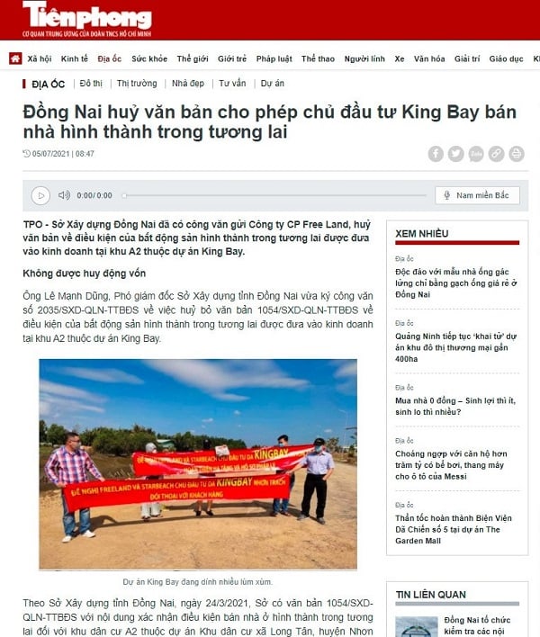 Một phần nội dung bài viết phản ánh về thông tin Đồng Nai huỷ văn bản cho phép chủ đầu tư King Bay bán nhà hình thành trong tương lai được đăng tải trên Báo Tiền Phong vào ngày 5/7/2021.
