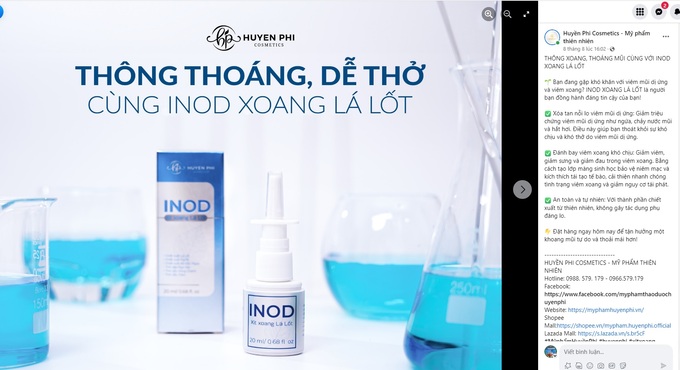  Xịt xoang lá lốt Inod Huyền Phi được quảng cáo trên fanpage chính thức của Huyền Phi Cosmetics. 