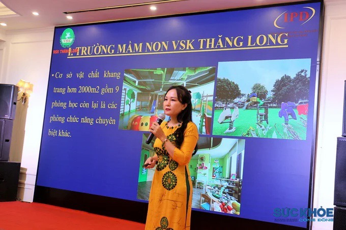 Thạc sĩ Bùi Thị Tuyết, Hiệu trưởng Trường mầm non VSK Thăng Long chia sẻ tại Hội thảo