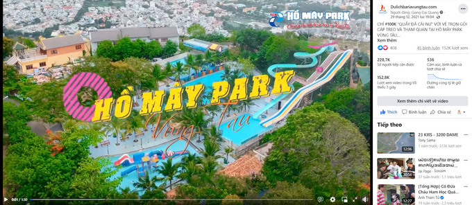 Video quảng bá về Hồ Mây Park trên mạng xã hội Facebook đã tiếp cận trên 200.000 du khách trên toàn quốc chỉ sau 5 ngày tham dự Hội chợ Du lịch Trực tuyến Bà Rịa - Vũng Tàu 2021