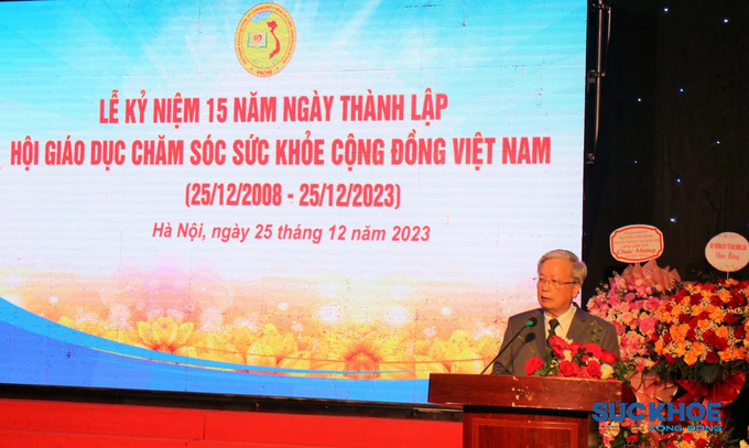 Ông Nguyễn Hồng Quân, nguyên Ủy viên Ban chấp hành Trung ương Đảng, nguyên Bộ trưởng Bộ Xây dựng, Chủ tịch Hội GDCSSKCĐ Việt Nam phát biểu tại lễ kỉ niệm 