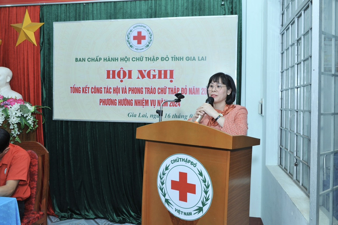 Bà Vũ Thị Thu - Phó Trưởng Ban Dân vận Tỉnh ủy phát biểu tại hội nghị