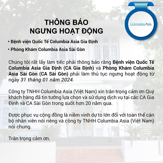 Thông báo ngưng hoạt động của Công ty TNHH Columbia Asia (Việt Nam)