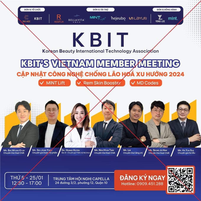 Ông Trương Thanh Tịnh “Mr. Lee” (thứ ba từ trái qua) trong quảng cáo hội thảo “KBIT’s Vietnam member meeting - Cập nhật công nghệ chống lão hóa xu hướng 2024” được tổ chức trái phép (Ảnh: Sở Y tế TP. HCM)