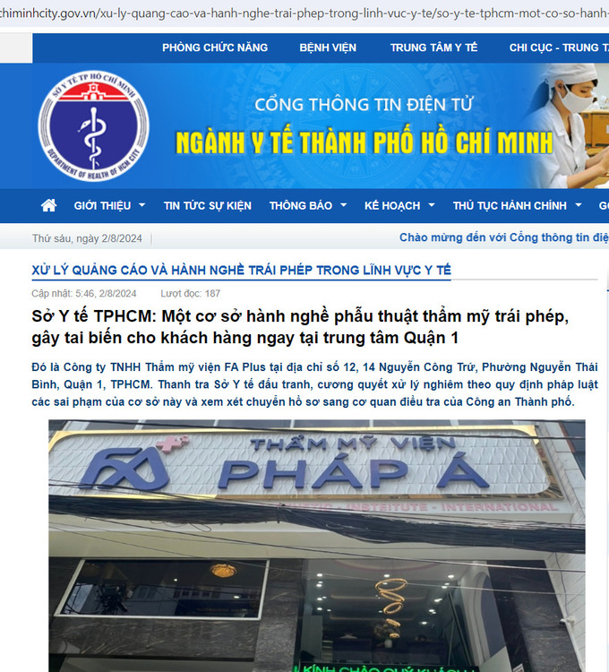 Sở Y tế TP.HCM thông tin về một cơ sở hành nghề phẫu thuật thẩm mỹ trái phép, gây tai biến cho khách hàng ngay tại trung tâm Quận 1 (Ảnh chụp màn hình)