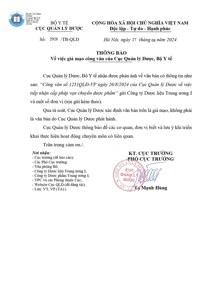 Thông báo số 2928/TB-QLD về việc giả mạo công văn của Cục Quản lý Dược