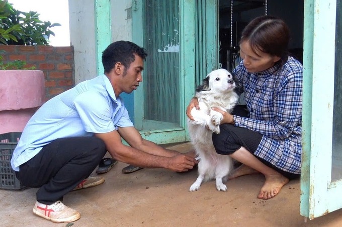 Cán bộ thú y thị trấn Chư Prông tiêm phòng cho chó của gia đình bà Lã Thị Tỉnh ở làng Bò (Ảnh: N.H)