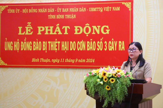 Bà Bố Thị Xuân Linh – Chủ tịch Ủy ban MTTQ Việt Nam tỉnh Bình Thuận phát biểu tại buổi lễ