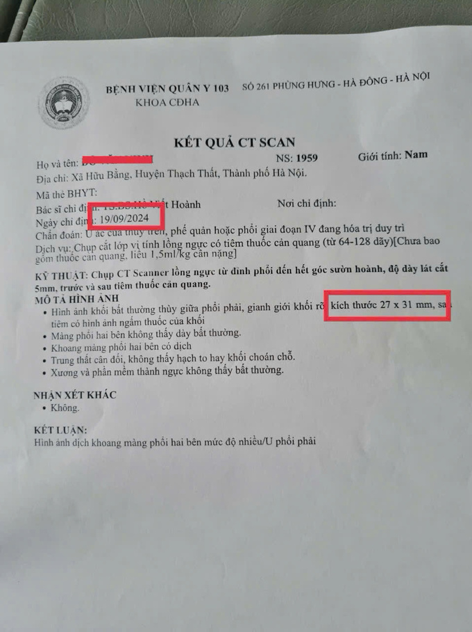 Kết quả kỳ diệu u phổi của ông N sau 12 tháng điều trị hoá chất kèm thuốc miễn dịch và thêm 3 tháng sử dụng sản phẩm tăng cường miễn dịch của BCC Pharma