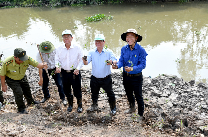 Lãnh đạo tỉnh trồng cây xanh trên tuyến đê bao rạch Bằng Tăng, Phường Mỹ Thới, thành phố Long Xuyên