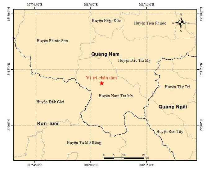 Vị trí xảy ra động đất lúc 9 giờ 29 phút 5 giây ngày 22/2/2025 tại huyện Nam Trà My
