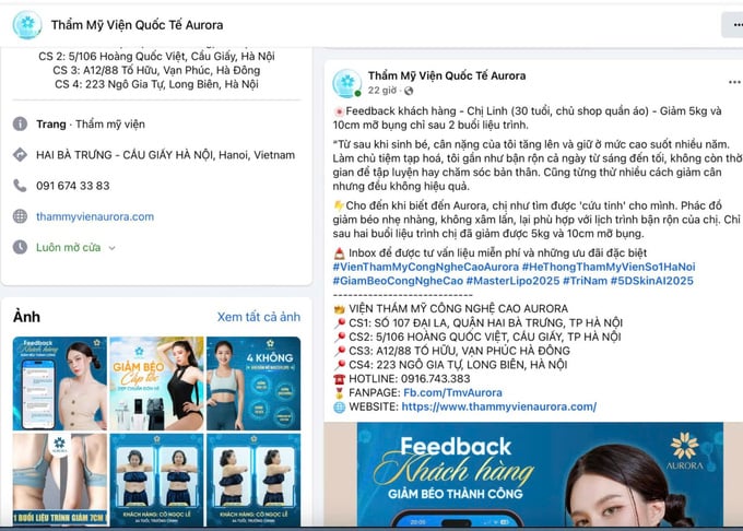 Thẩm mỹ viện quốc tế Aurora quảng cáo trên mạng xã hội facebook (ảnh chụp màn hình)