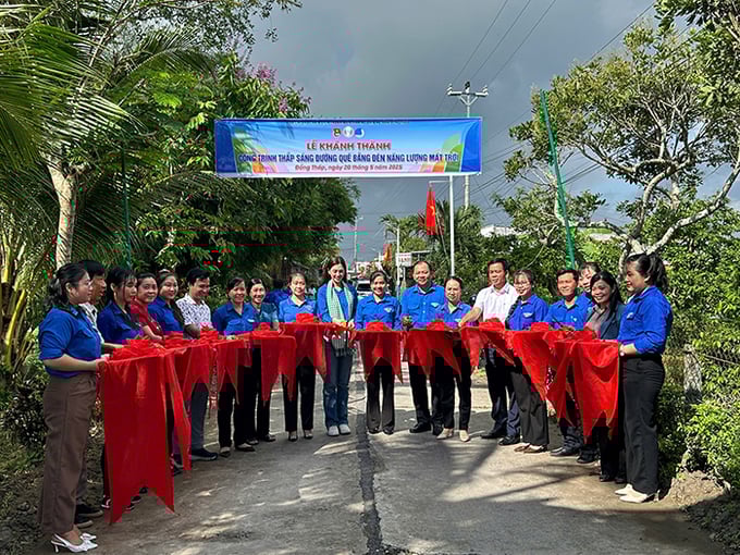 Đại biểu thực hiện nghi thức khánh thành công trình thắp sáng đường quê