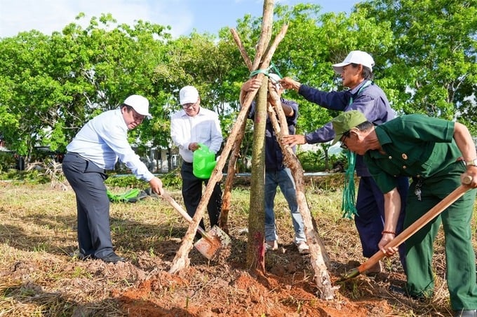 Phó Chủ tịch UBND tỉnh Nguyễn Minh Luân (bìa trái) tham gia trồng cây bảo vệ môi trường, chống biến đổi khí hậu