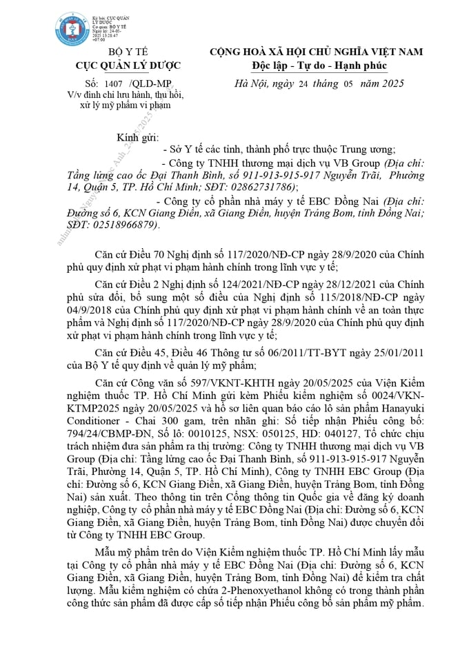 Ngày 25/5, Cục Quản lý Dược (Bộ Y tế) có văn bản thông báo đình chỉ lưu hành, thu hồi, xử lý vi phạm đối với sản phẩm do Công ty TNHH Thương mại Dịch vụ VB Group đưa ra thị trường, Công ty Cổ phần Nhà máy Y tế EBC Đồng Nai sản xuất