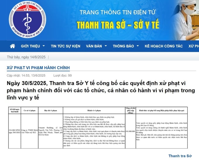 Vi phạm trong lĩnh vực y tế, Công ty TNHH Bệnh viện thẩm mỹ SILI bị xử phạt 245 triệu đồng (Ảnh chụp màn hình)